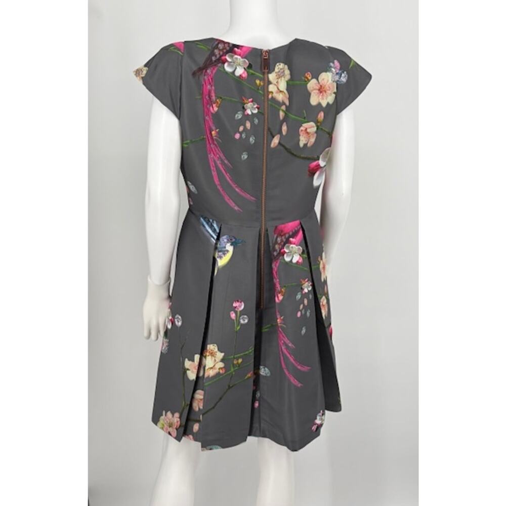 Ted Baker London Grey Bird & Floral Print Pleated Fit & Flare Dress size XL - Picture 3 of 3